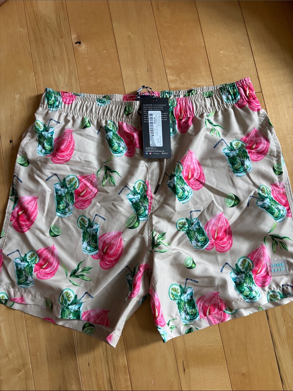 Tropical Cocktail Print Swim Shorts in Beige, Pink & Green